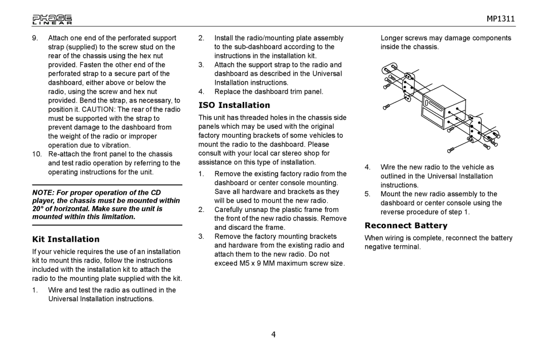 Jensen MP1311 owner manual Kit Installation, ISO Installation, Reconnect Battery 