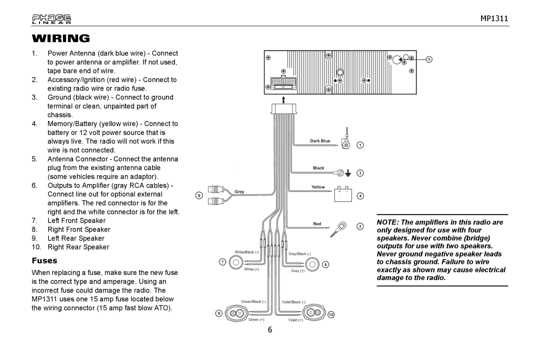 Jensen MP1311 owner manual Wiring, Fuses 