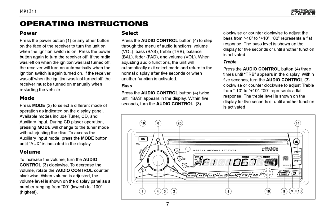 Jensen MP1311 owner manual Operating Instructions, Power, Mode, Select, Volume 