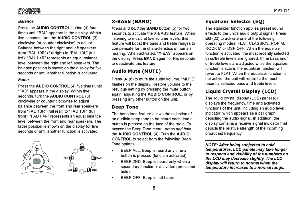 Jensen MP1311 owner manual Audio Mute Mute, Beep Tone, Equalizer Selector EQ, Liquid Crystal Display LCD 