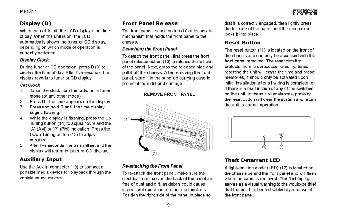 Jensen MP1311 owner manual Display D, Front Panel Release, Reset Button, Auxiliary Input, Theft Deterrent LED 