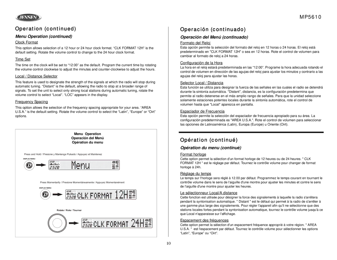 Jensen MP5610 owner manual Operación del Menú continuado, Opération du menu continué 