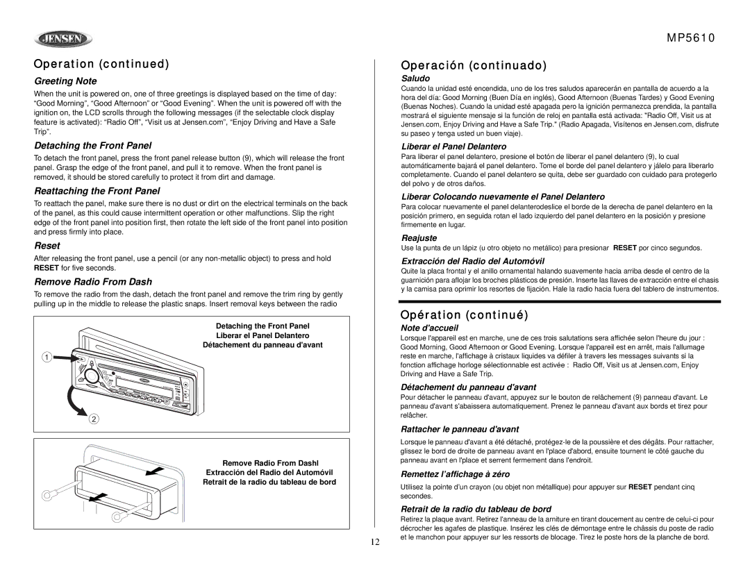 Jensen MP5610 Greeting Note, Detaching the Front Panel, Reattaching the Front Panel, Reset, Remove Radio From Dash 