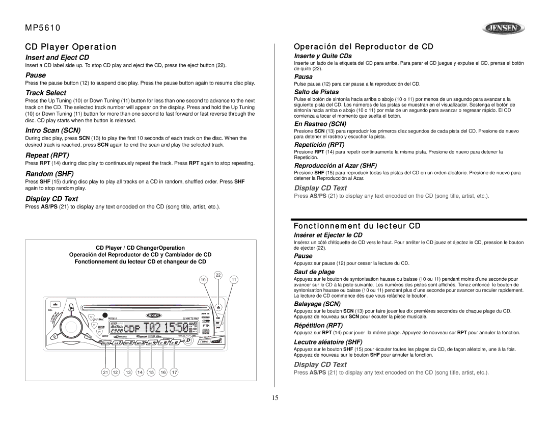 Jensen owner manual MP5610 CD Player Operation 