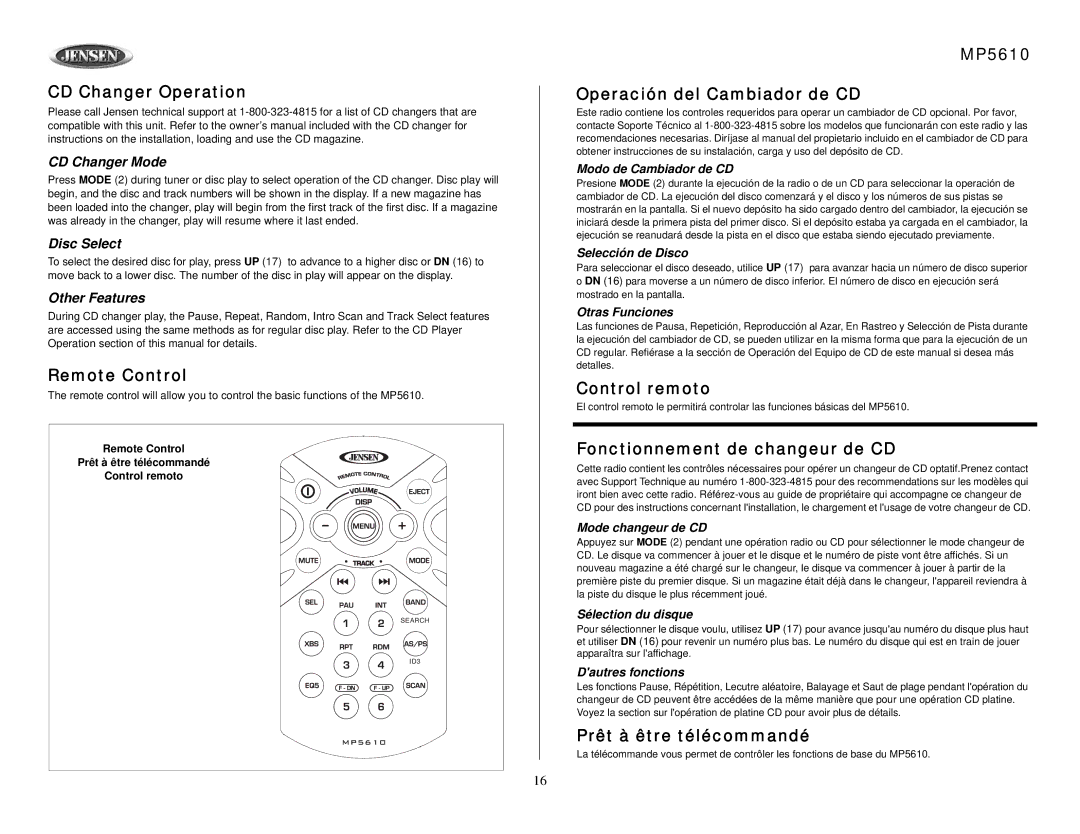 Jensen owner manual CD Changer Operation, Remote Control, MP5610 Operación del Cambiador de CD, Control remoto 