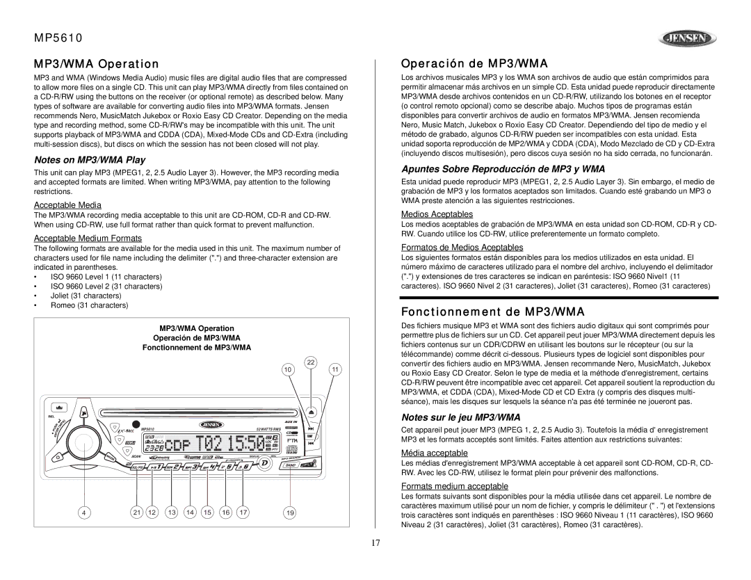 Jensen owner manual MP5610 MP3/WMA Operation, Operación de MP3/WMA, Fonctionnement de MP3/WMA 