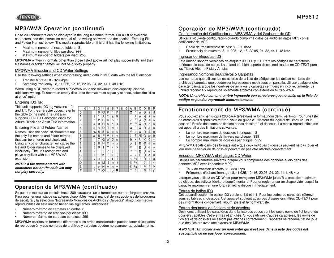 Jensen owner manual MP5610 Operación de MP3/WMA continuado, Fonctionnement de MP3/WMA continué 