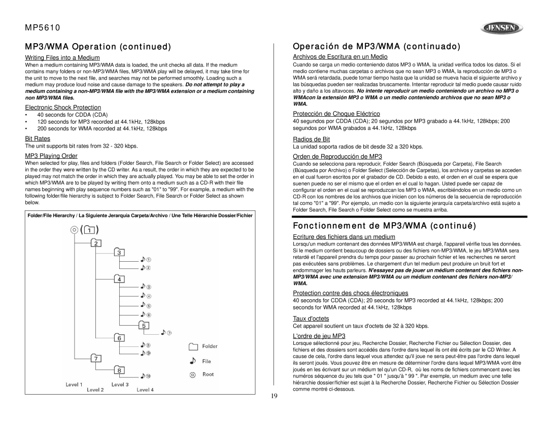Jensen MP5610 Writing Files into a Medium, Electronic Shock Protection, Bit Rates, MP3 Playing Order, Radios de Bit 