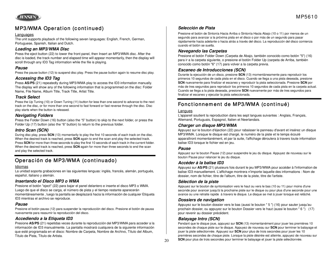 Jensen MP5610 Loading an MP3/WMA Disc, Accessing the ID3 Tag, Navigating Folders, Insertando el Disco MP3 o WMA 