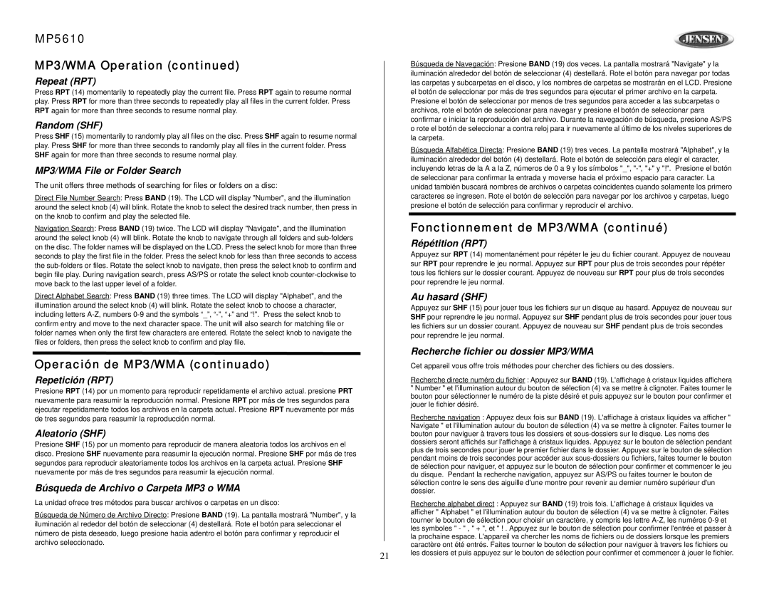 Jensen MP5610 MP3/WMA File or Folder Search, Repetición RPT, Aleatorio SHF, Búsqueda de Archivo o Carpeta MP3 o WMA 