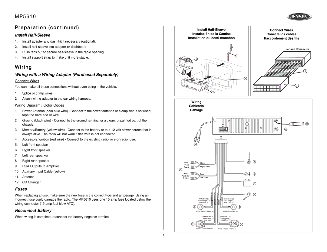 Jensen owner manual MP5610 Preparation, Wiring 