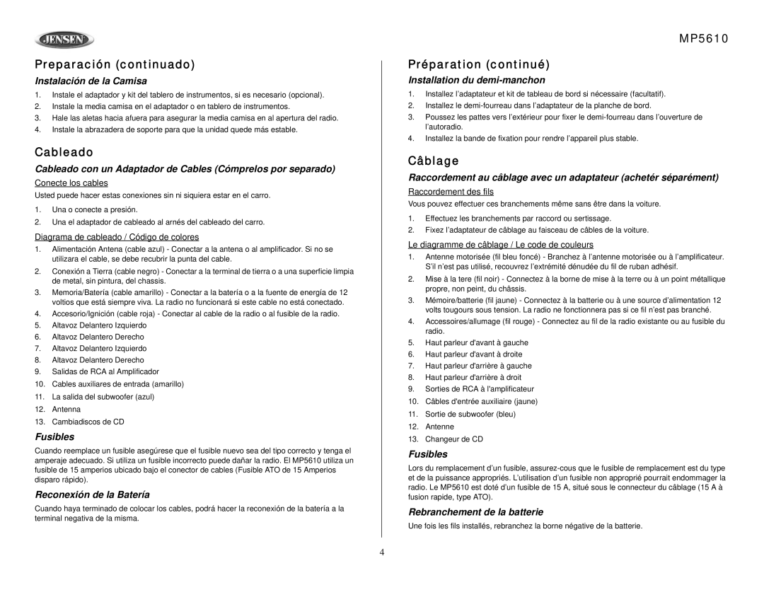 Jensen owner manual Preparación continuado, Cableado, MP5610 Préparation continué, Câblage 