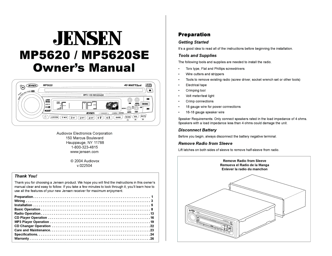 Jensen MP5620SE owner manual Thank You 