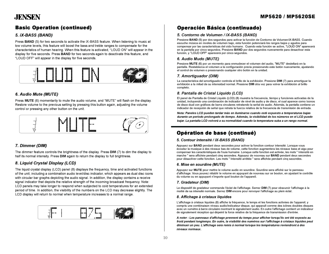 Jensen owner manual MP5620 / MP5620SE Operación Básica continuado 