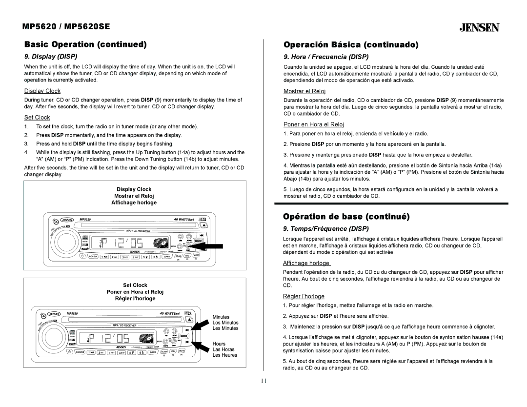 Jensen MP5620SE owner manual Display Disp, Hora / Frecuencia Disp, Temps/Fréquence Disp 