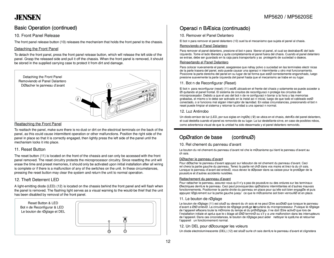 Jensen MP5620SE owner manual Front Panel Release, Reset Button, Theft Deterrent LED 