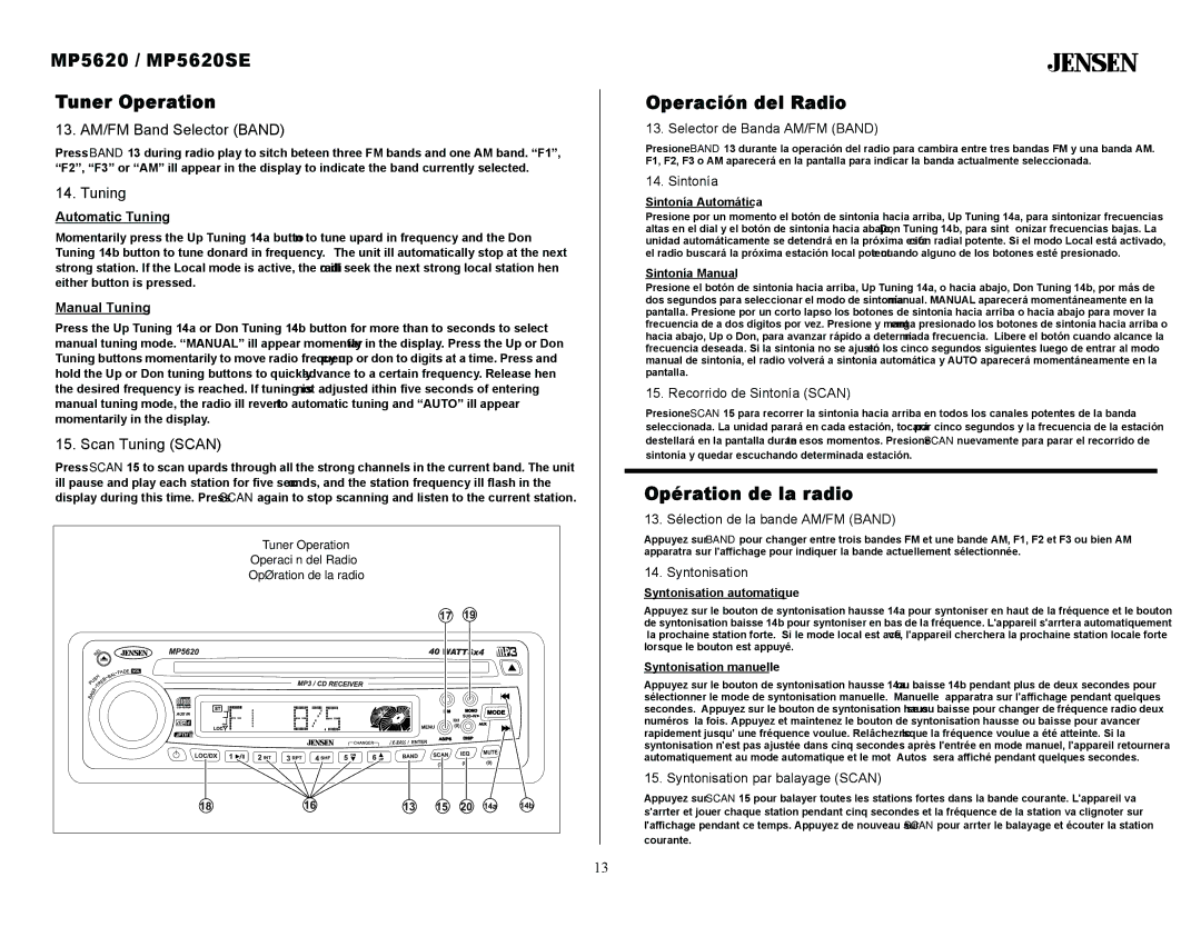 Jensen owner manual MP5620 / MP5620SE Tuner Operation, Operación del Radio, Opération de la radio 