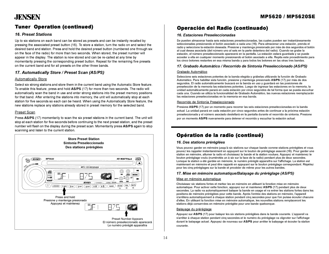 Jensen owner manual MP5620 / MP5620SE Operación del Radio continuado, Opération de la radio continué, Preset Stations 