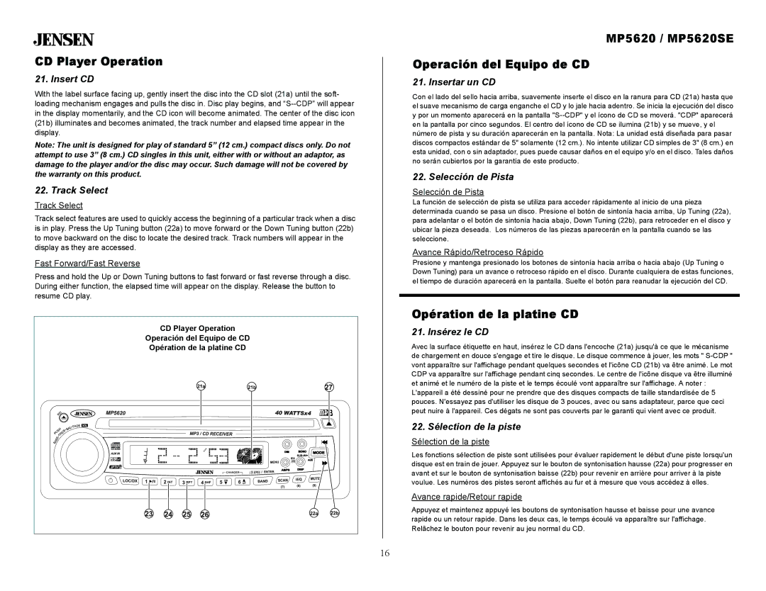 Jensen owner manual CD Player Operation, MP5620 / MP5620SE Operación del Equipo de CD, Opération de la platine CD 