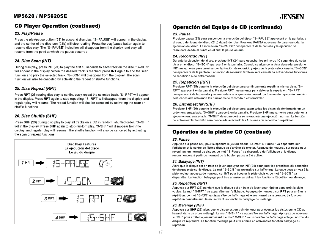 Jensen owner manual MP5620 / MP5620SE CD Player Operation, Operación del Equipo de CD continuado 