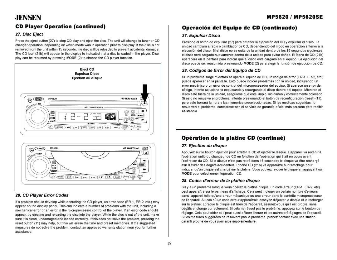 Jensen owner manual MP5620 / MP5620SE Operación del Equipo de CD continuado 