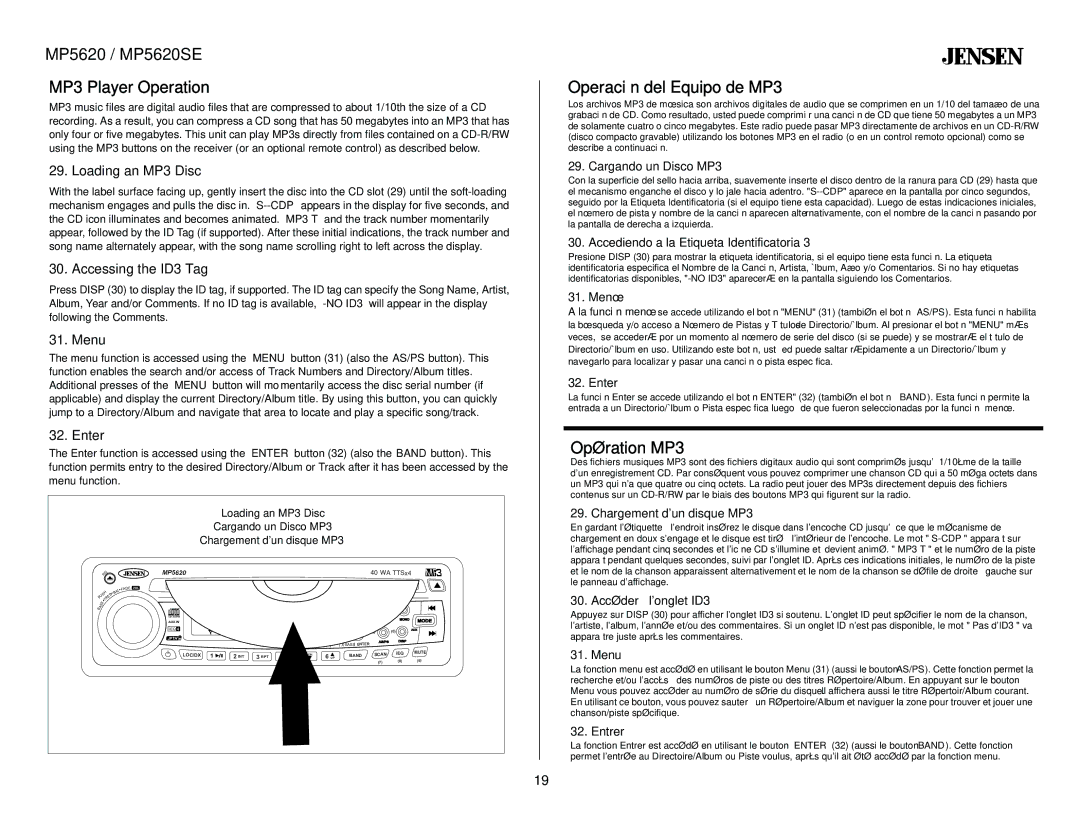 Jensen owner manual MP5620 / MP5620SE MP3 Player Operation, Operación del Equipo de MP3, Opération MP3 