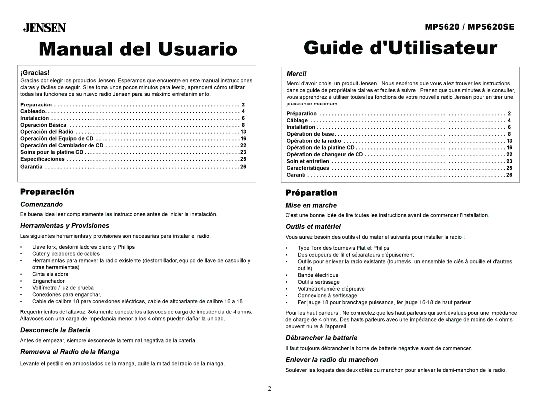 Jensen owner manual Preparación, MP5620 / MP5620SE, Préparation 