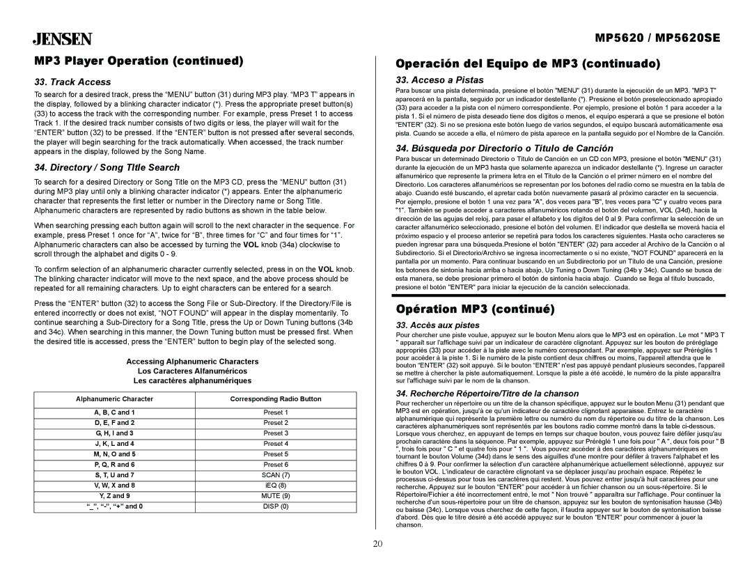 Jensen owner manual MP5620 / MP5620SE Operación del Equipo de MP3 continuado, Opération MP3 continué 