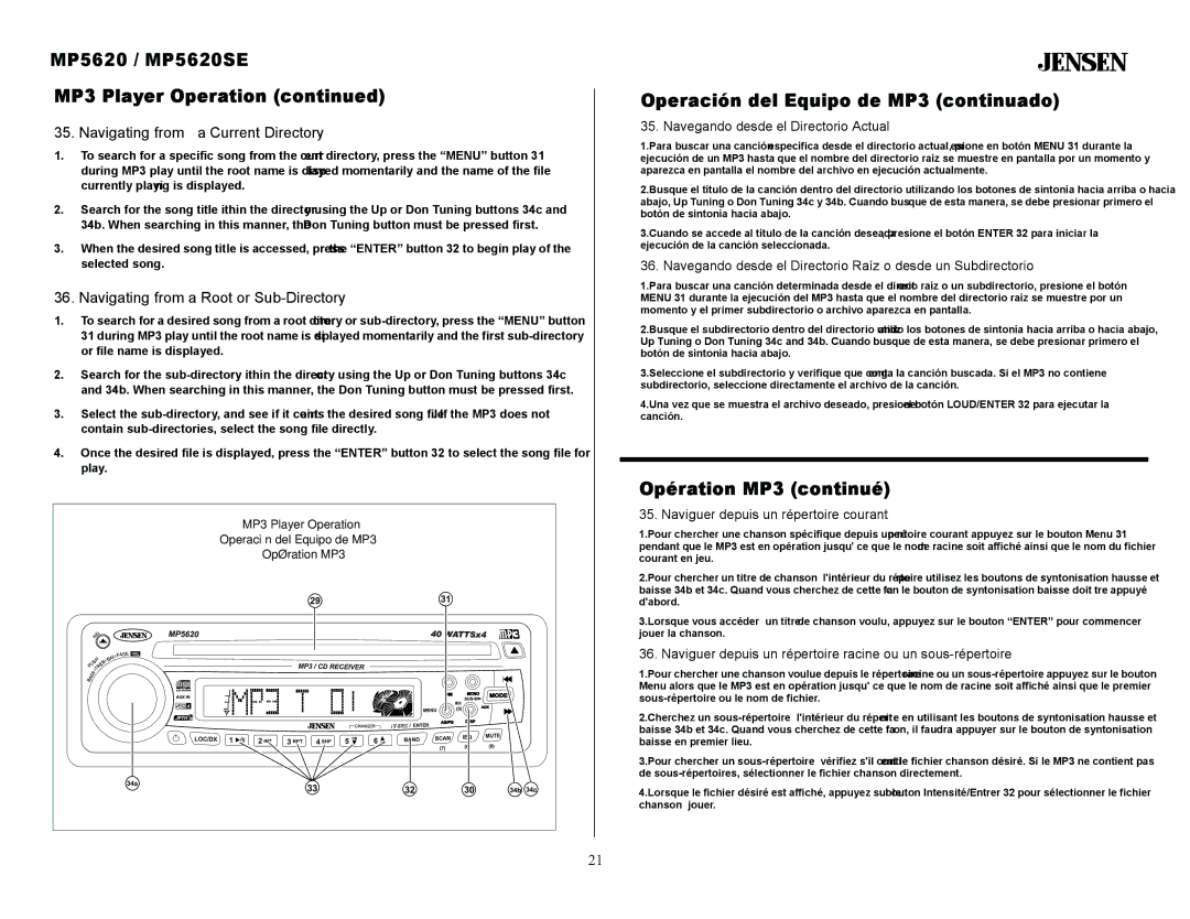 Jensen MP5620SE owner manual Navigating from a Current Directory, Navigating from a Root or Sub-Directory 