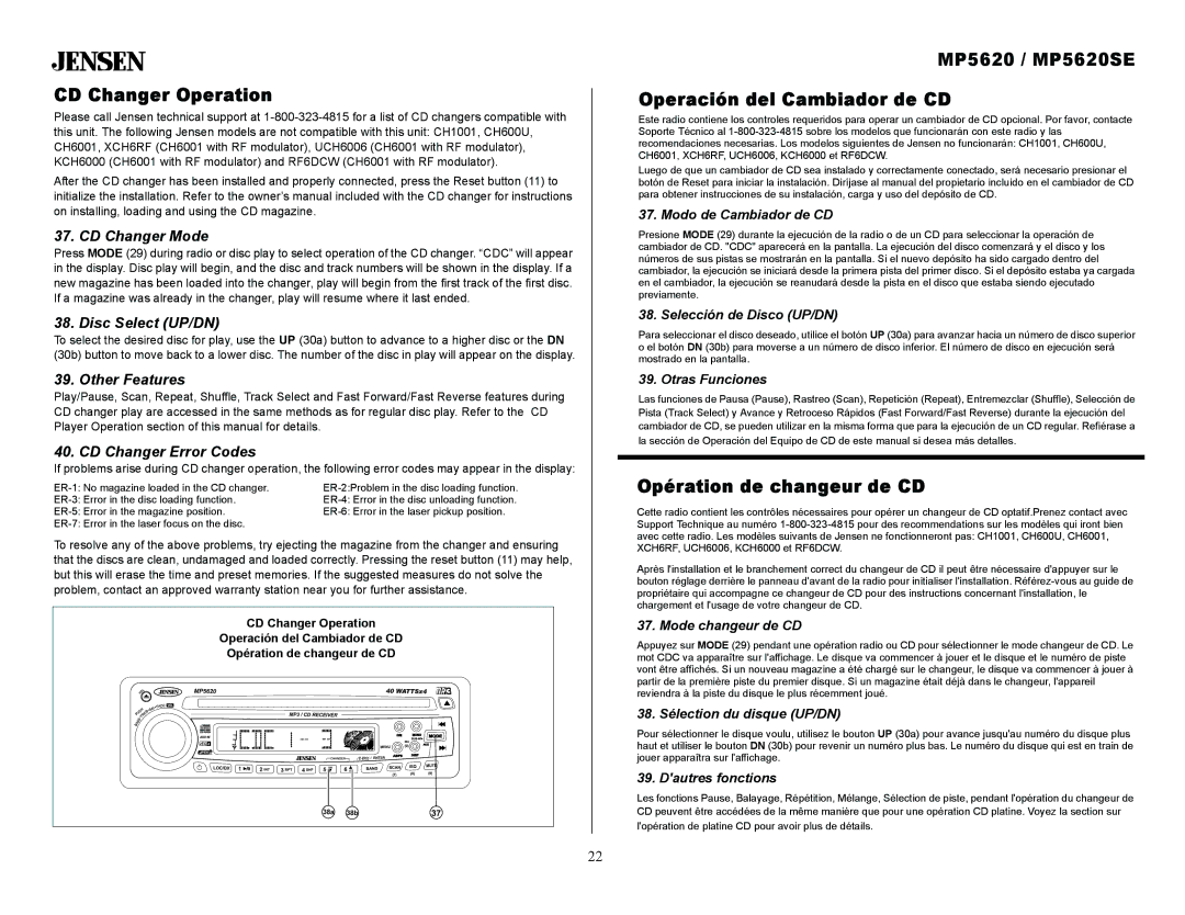 Jensen owner manual CD Changer Operation, MP5620 / MP5620SE Operación del Cambiador de CD, Opération de changeur de CD 