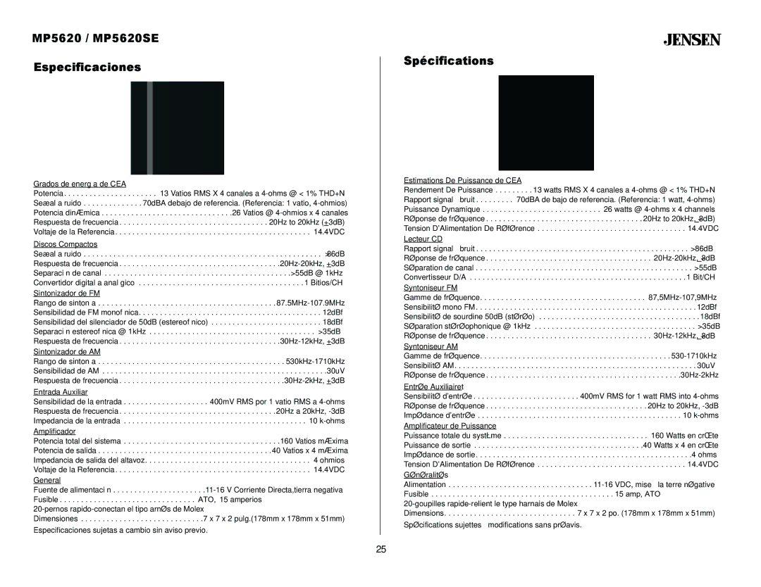 Jensen owner manual MP5620 / MP5620SE Especificaciones, Spécifications 