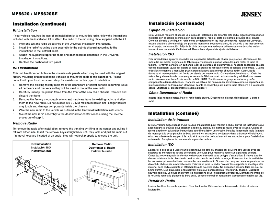 Jensen MP5620SE owner manual Instalación continuado, Installation continué 