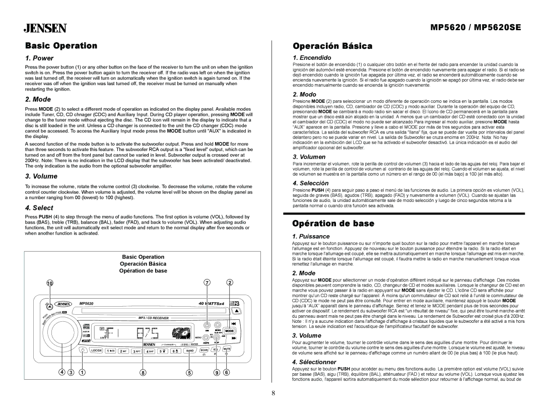 Jensen owner manual Basic Operation, MP5620 / MP5620SE Operación Básica, Opération de base 