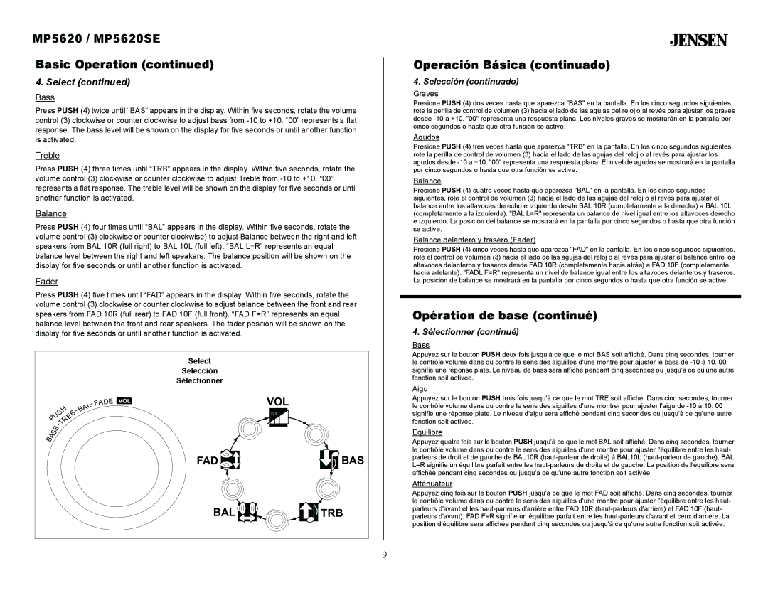 Jensen MP5620 / MP5620SE Basic Operation, Operación Básica continuado, Opération de base continué, Selección continuado 