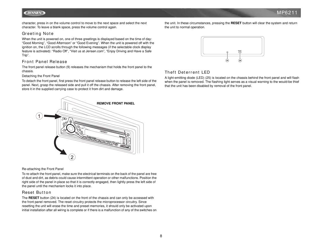 Jensen MP6211 instruction manual Greeting Note, Front Panel Release, Reset Button, Theft Deterrent LED 