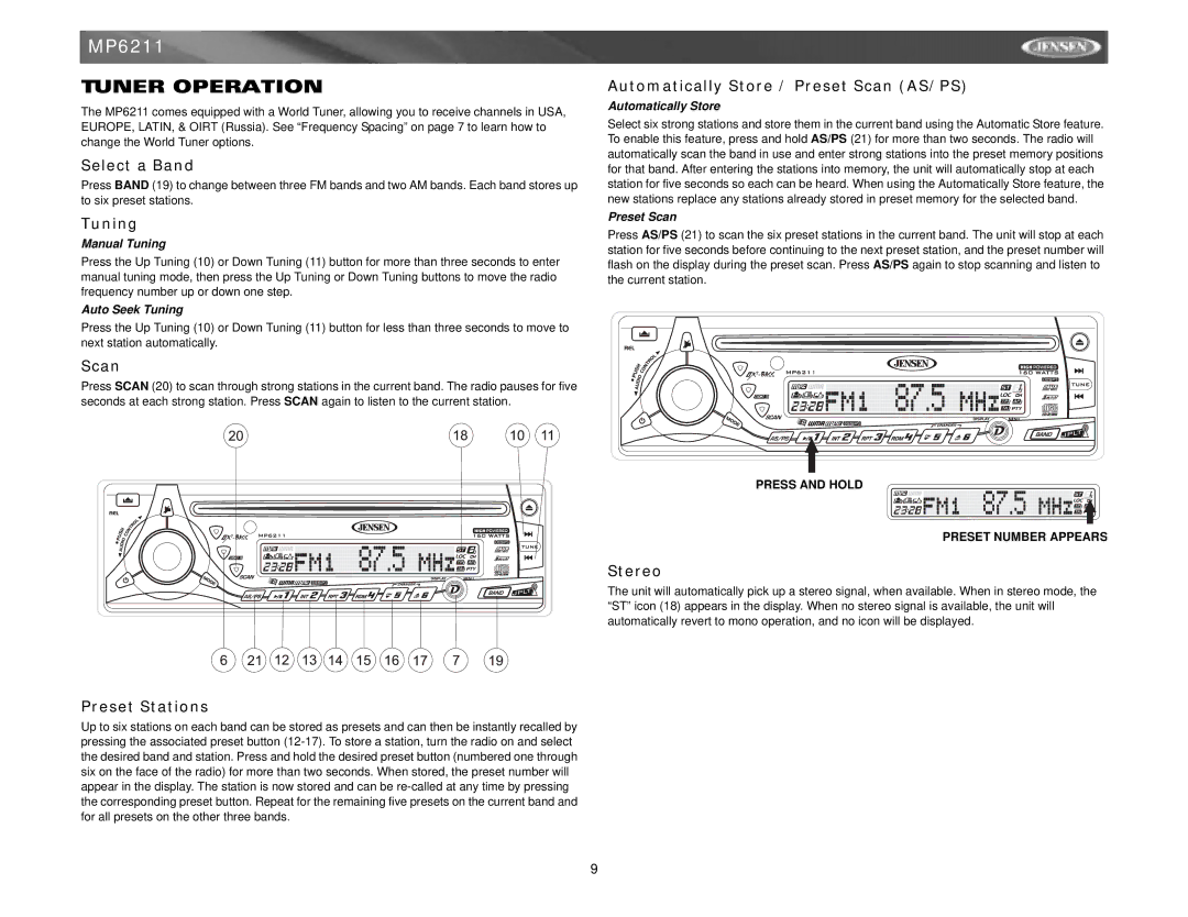 Jensen MP6211 instruction manual Tuner Operation 