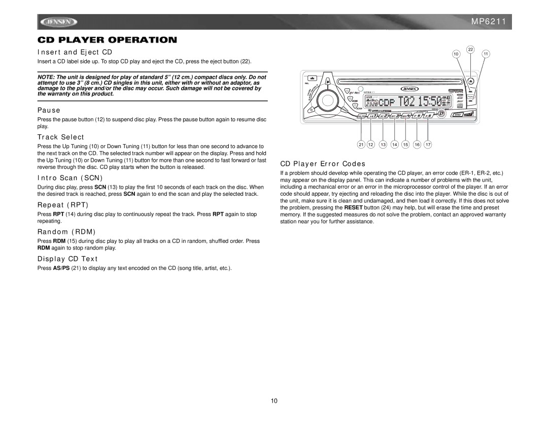 Jensen MP6211 instruction manual CD Player Operation 