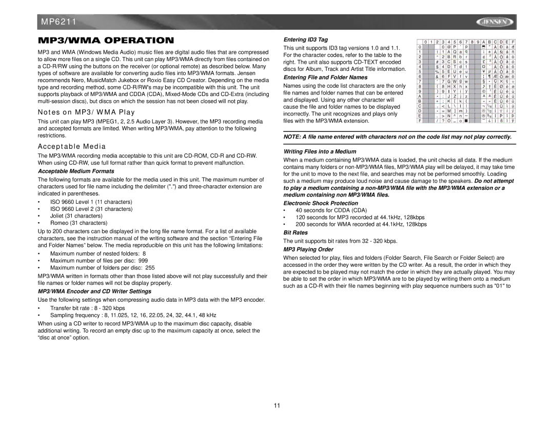 Jensen MP6211 instruction manual MP3/WMA Operation, Acceptable Media 