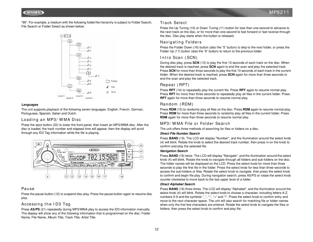 Jensen MP6211 Loading an MP3/WMA Disc, Accessing the ID3 Tag, Navigating Folders, MP3/WMA File or Folder Search 