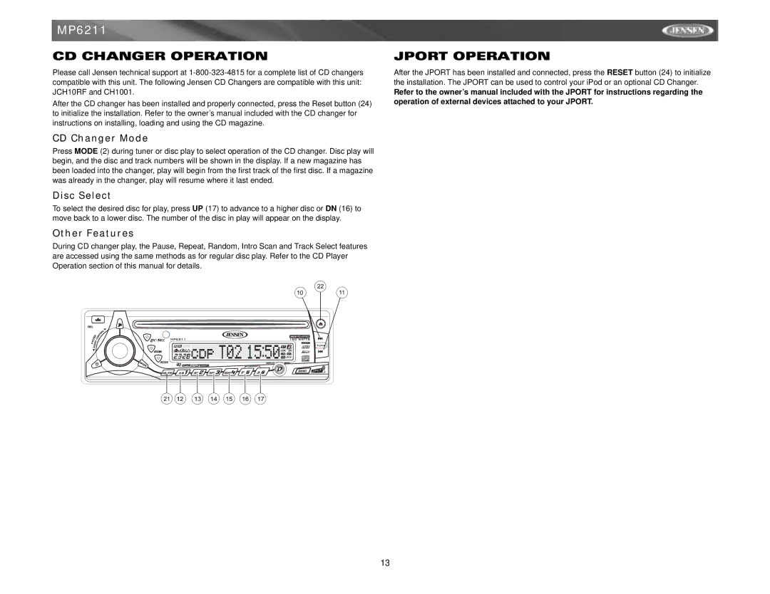 Jensen MP6211 instruction manual CD Changer Operation, Jport Operation, CD Changer Mode, Disc Select, Other Features 