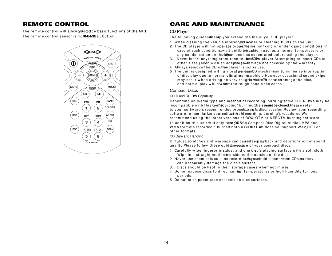 Jensen MP6211 instruction manual Remote Control, Care and Maintenance, CD Player, Compact Discs 