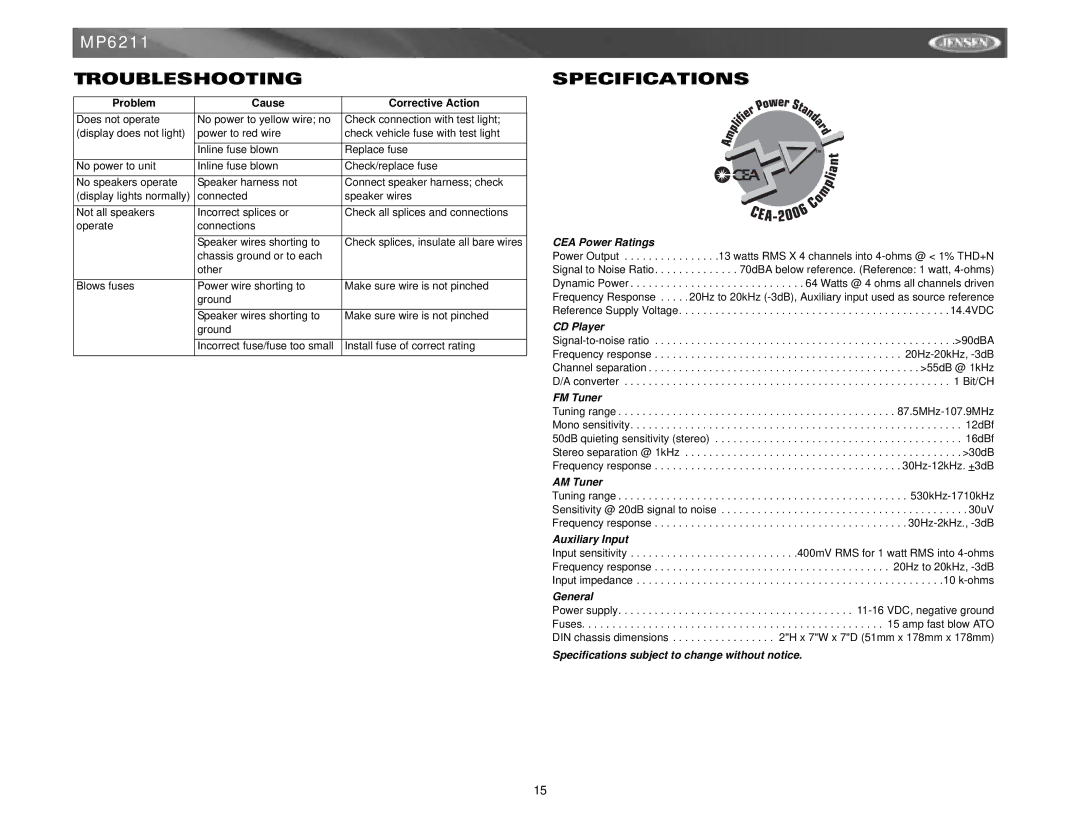 Jensen MP6211 instruction manual Troubleshooting, Specifications 