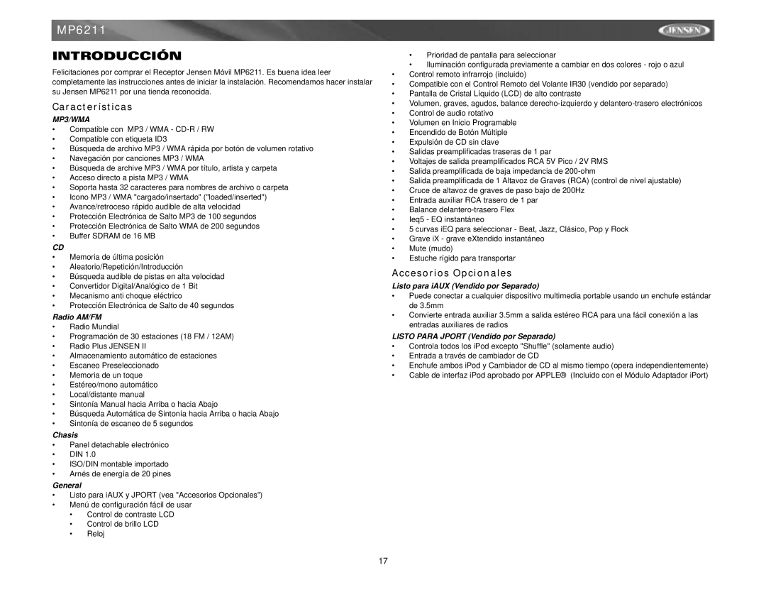 Jensen MP6211 instruction manual Introducción, Características, Accesorios Opcionales 