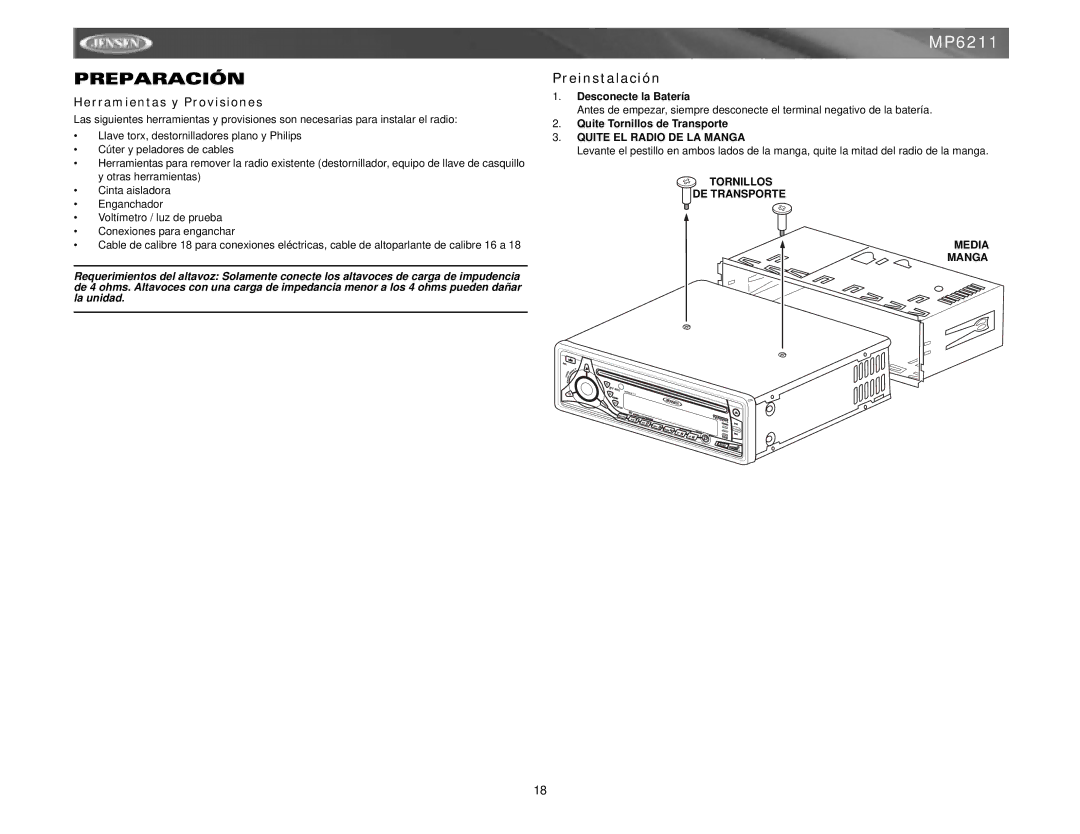 Jensen MP6211 instruction manual Preparación, Preinstalación, Herramientas y Provisiones 