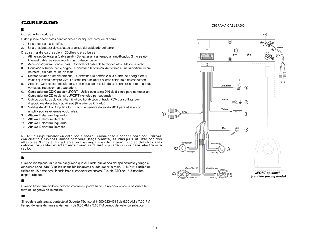 Jensen MP6211 Cableado con un Adaptador de Cables Cómprelos por separado, Fusibles, Reconexión de la Batería 