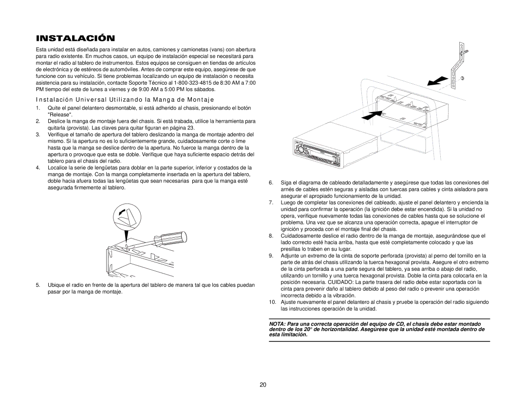 Jensen MP6211 instruction manual Instalación Universal Utilizando la Manga de Montaje 