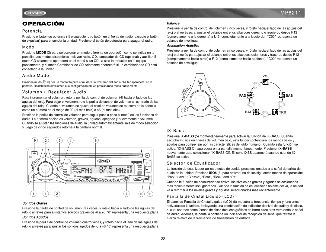 Jensen MP6211 instruction manual Operación 