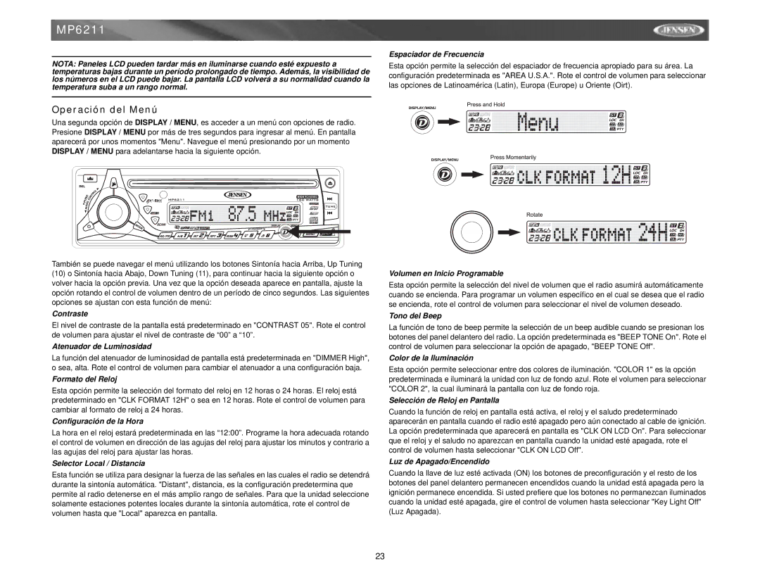 Jensen MP6211 instruction manual Operación del Menú 