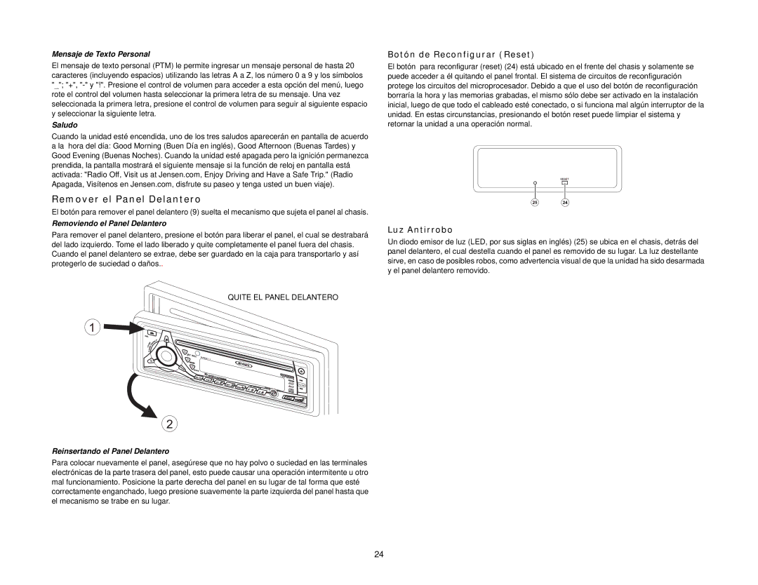 Jensen MP6211 instruction manual Remover el Panel Delantero, Botón de Reconfigurar Reset, Luz Antirrobo 