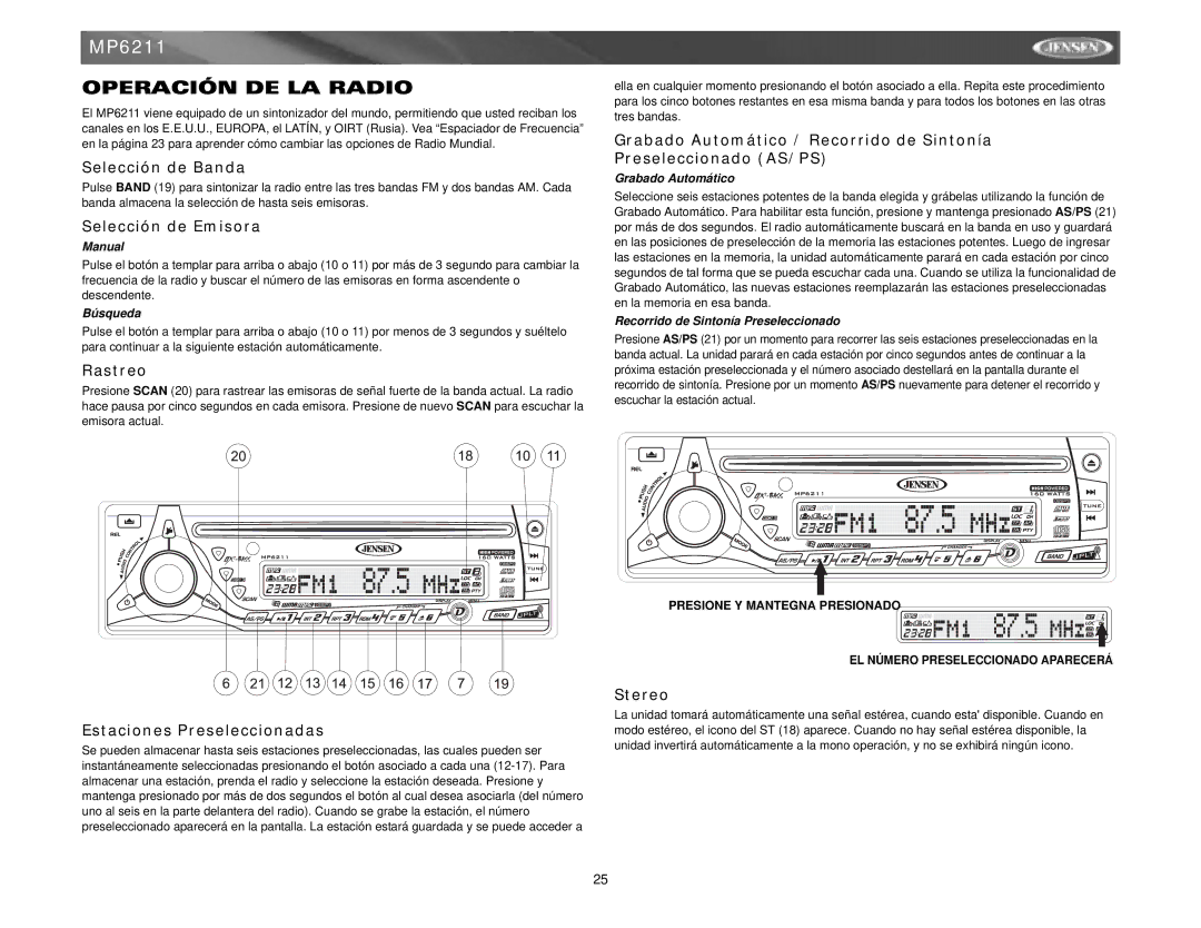 Jensen MP6211 Operación DE LA Radio, Selección de Banda, Selección de Emisora, Rastreo, Estaciones Preseleccionadas 